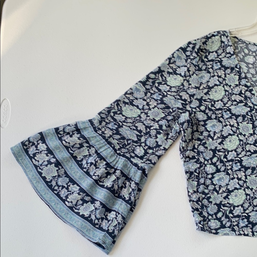American Eagle Navy & Aqua Print Cottage Core Blouse with 3/4 Fairy Bell Sleeves